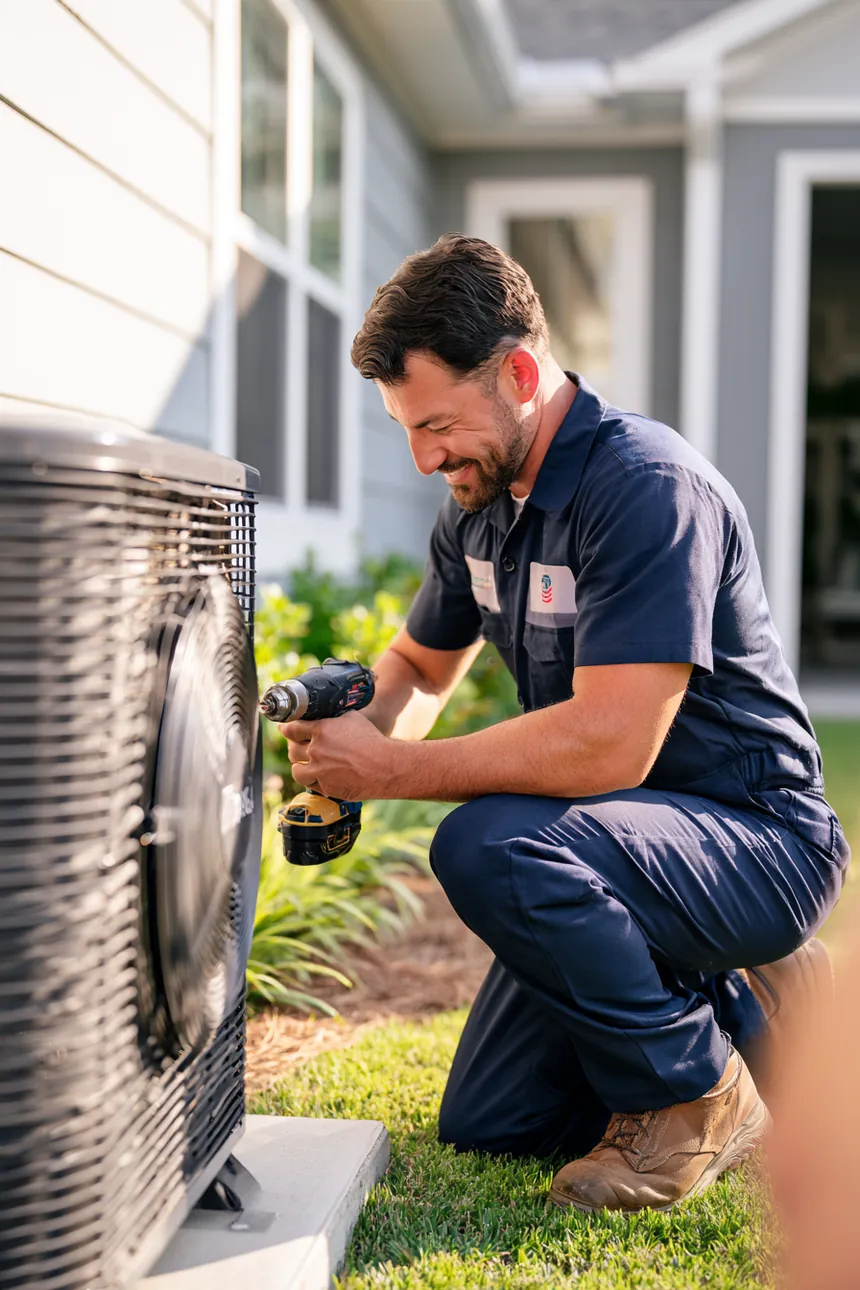 Technician servicing an outdoor AC unit — a common 1000 dollar loan repair