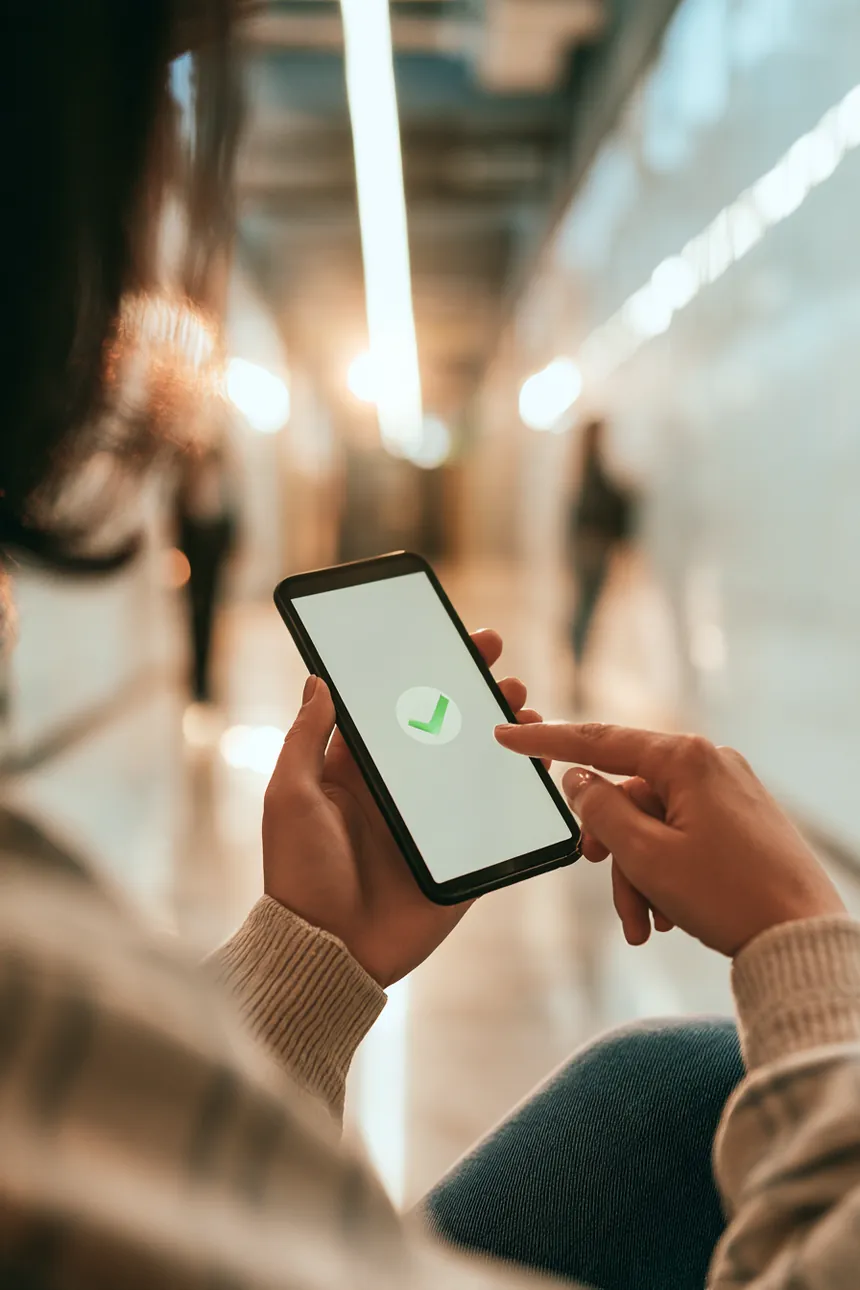 Hands holding a smartphone showing a confirmation checkmark after applying
