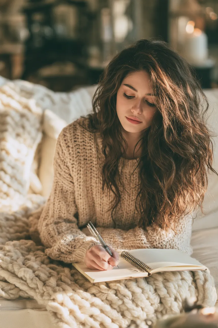 Young woman writing in a spiral journal on a bright sofa