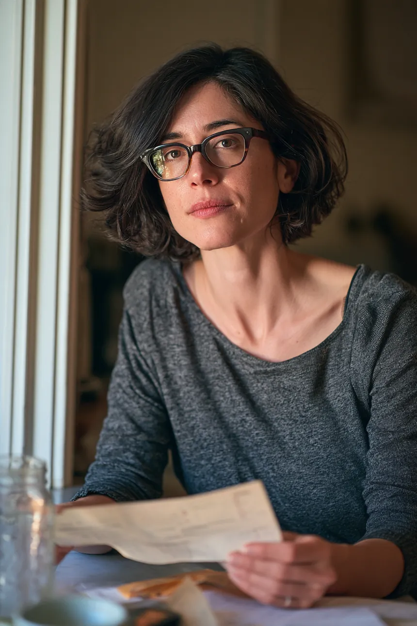 Woman by a kitchen window reading her pay stub with an assured expression