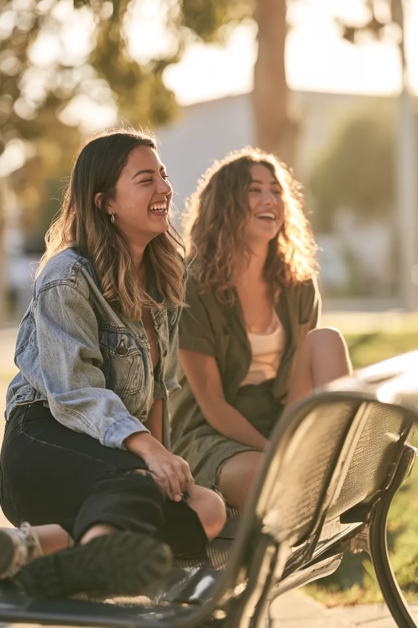 Two friends talking on a sleek park bench in late-afternoon light