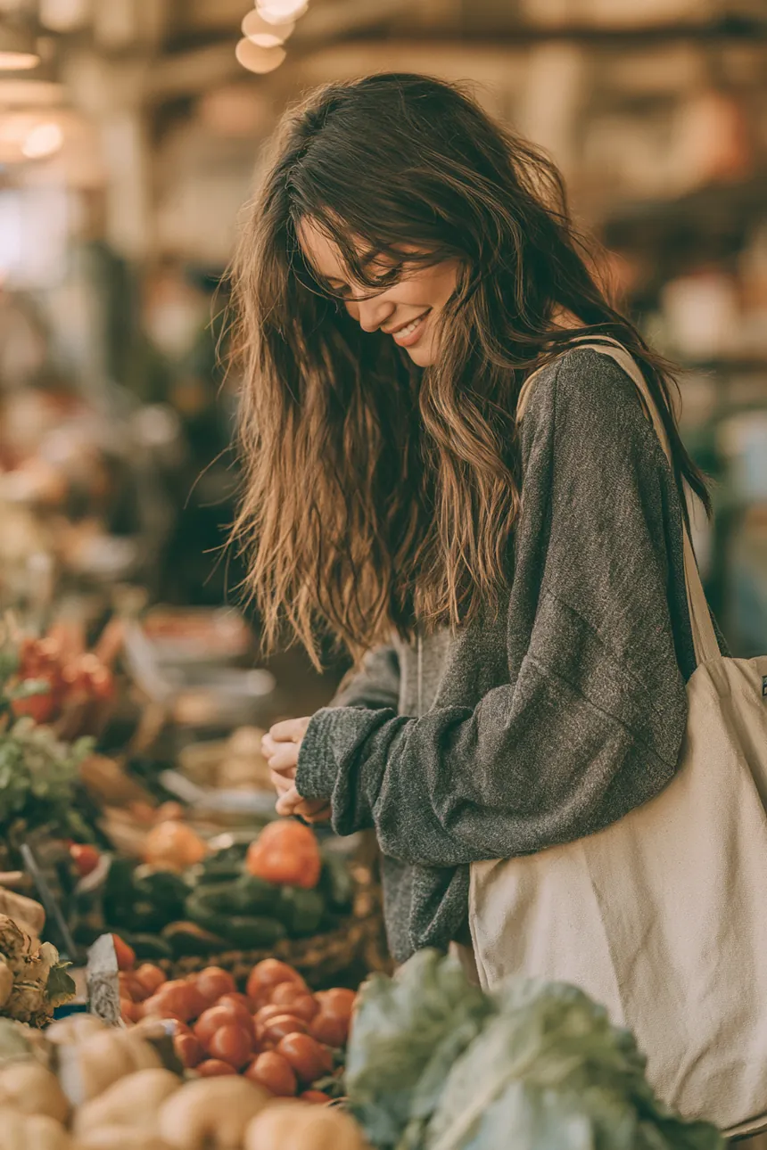 Woman browsing produce stalls at a farmers market with a canvas tote