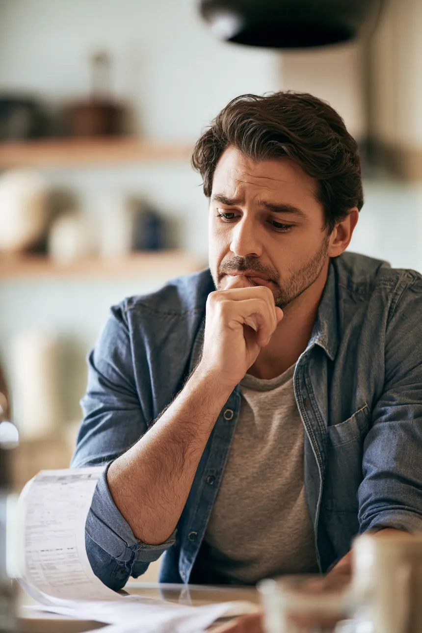 Man reviewing a single utility bill at a kitchen counter