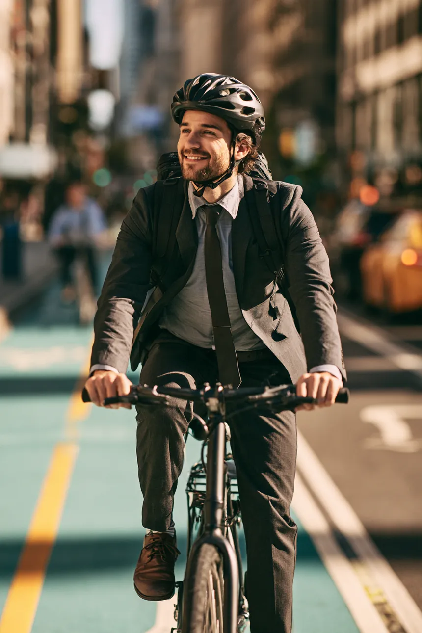 Young man cycling to work on a modern commuter bike in a city bike lane
