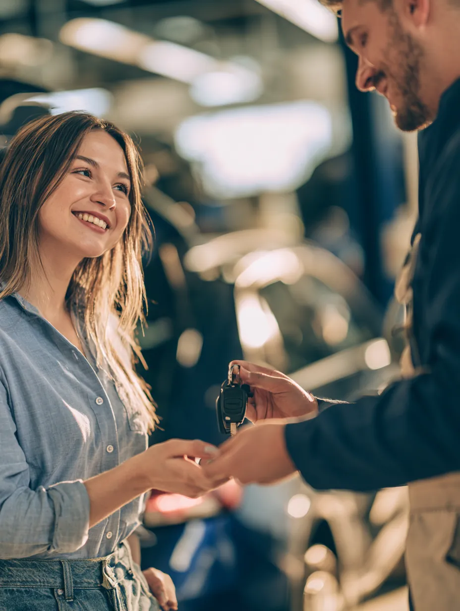 Mechanic returning car keys to a smiling customer