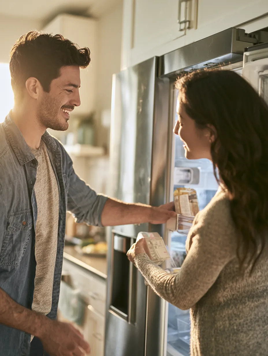 Couple arranging shelves in a brand-new refrigerator