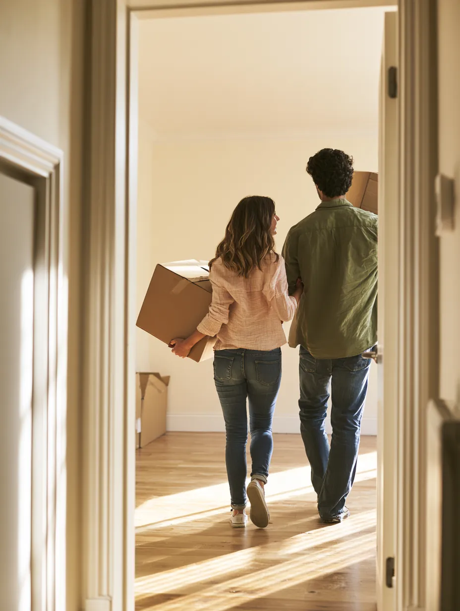 Young couple carrying moving boxes into a sunlit apartment