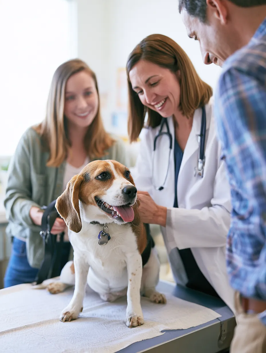 Veterinarian examining a beagle while the owner watches