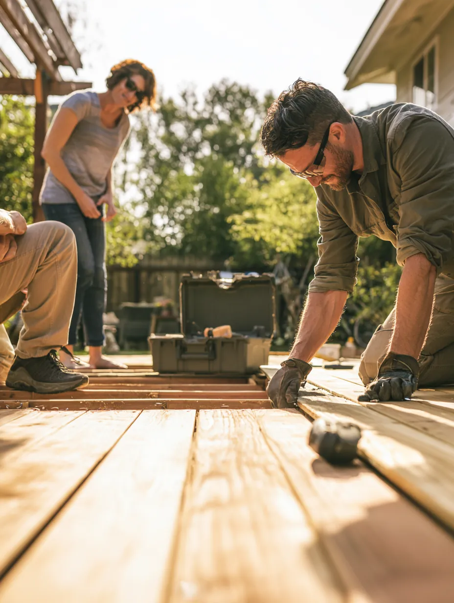 Contractor replacing deck boards while the homeowner looks on