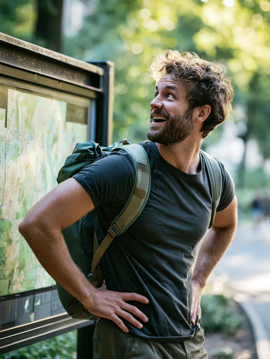 Amused young man studying a trailhead map board in a city park — the wrong turn, enjoyed