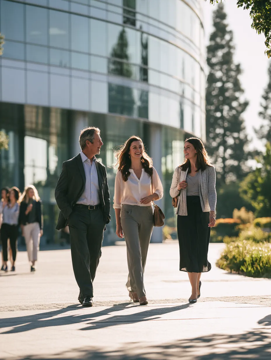 Three colleagues crossing a sunlit plaza outside a modern office — the Fidelity Funding team