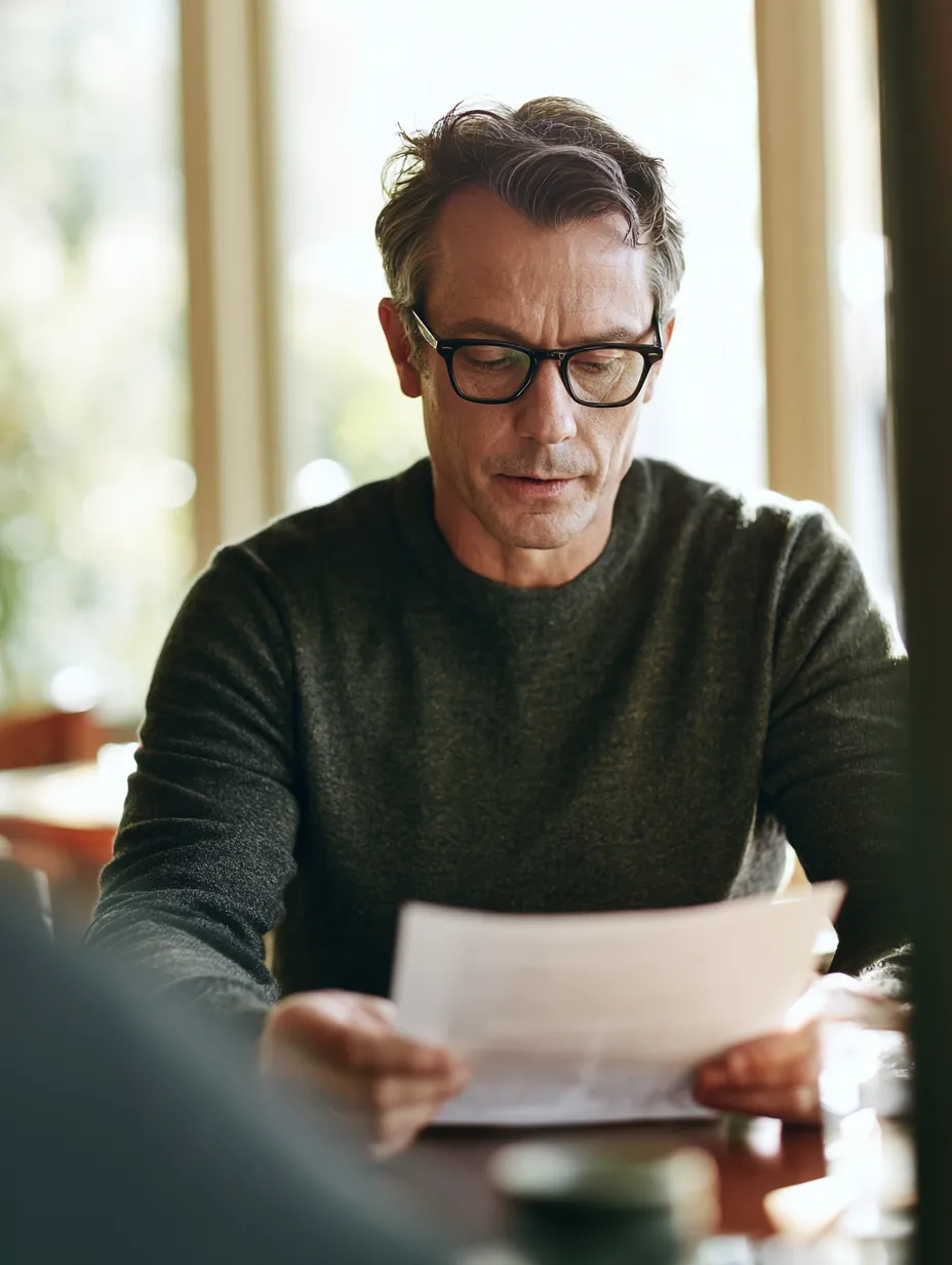 Man reading a single printed page at a sunlit cafe table — the disclosure, in print