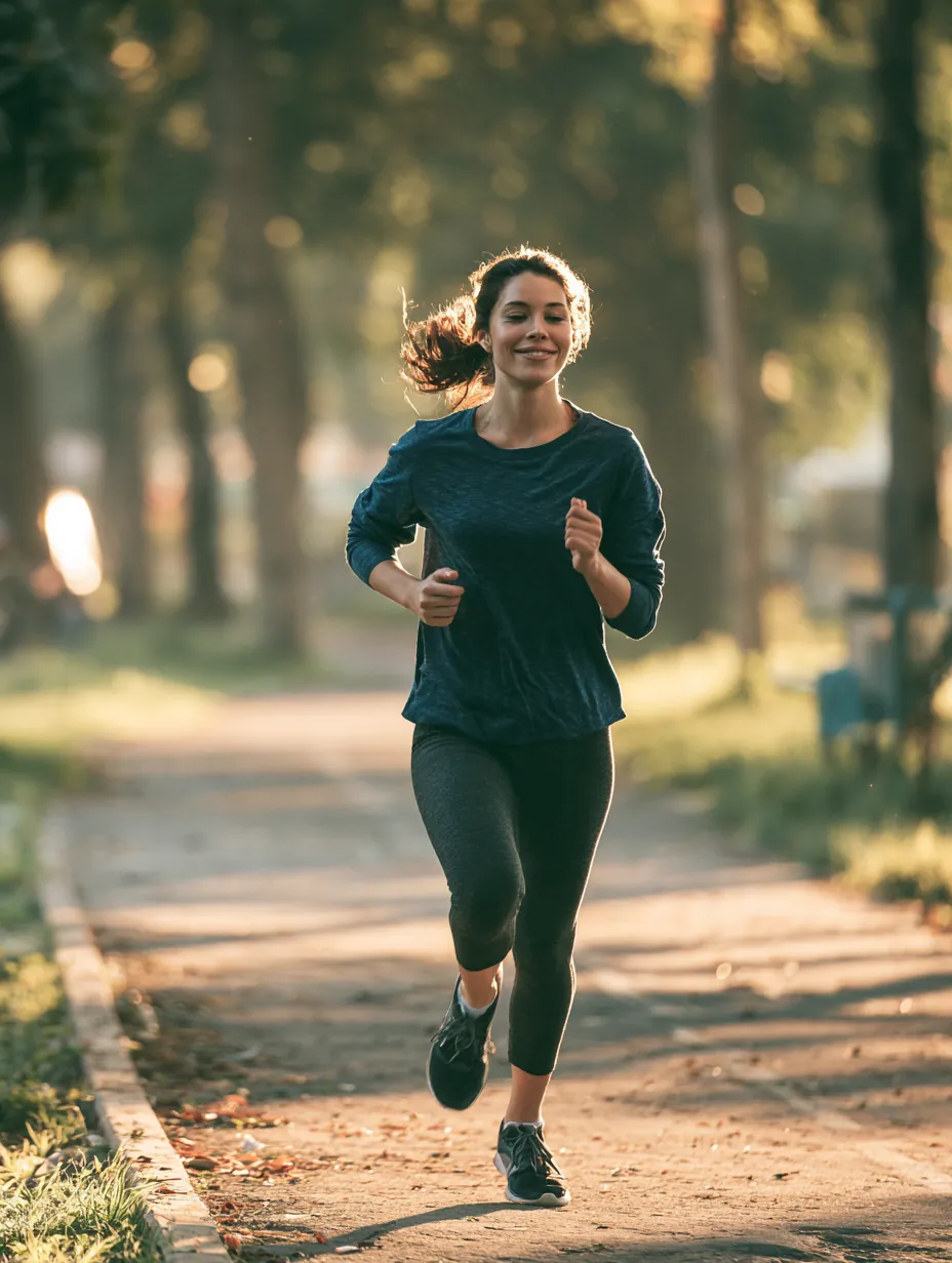 Woman jogging a tree-lined park path at sunrise