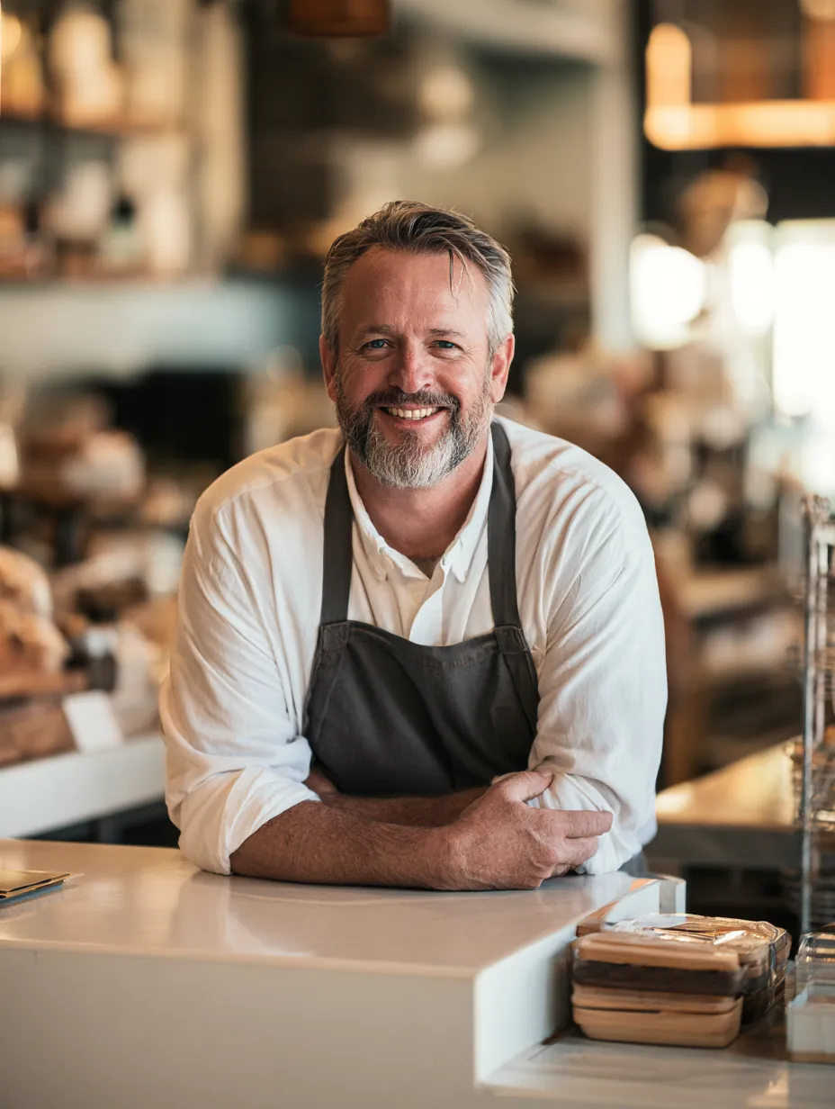 Shop owner answering a customer's question across a modern counter