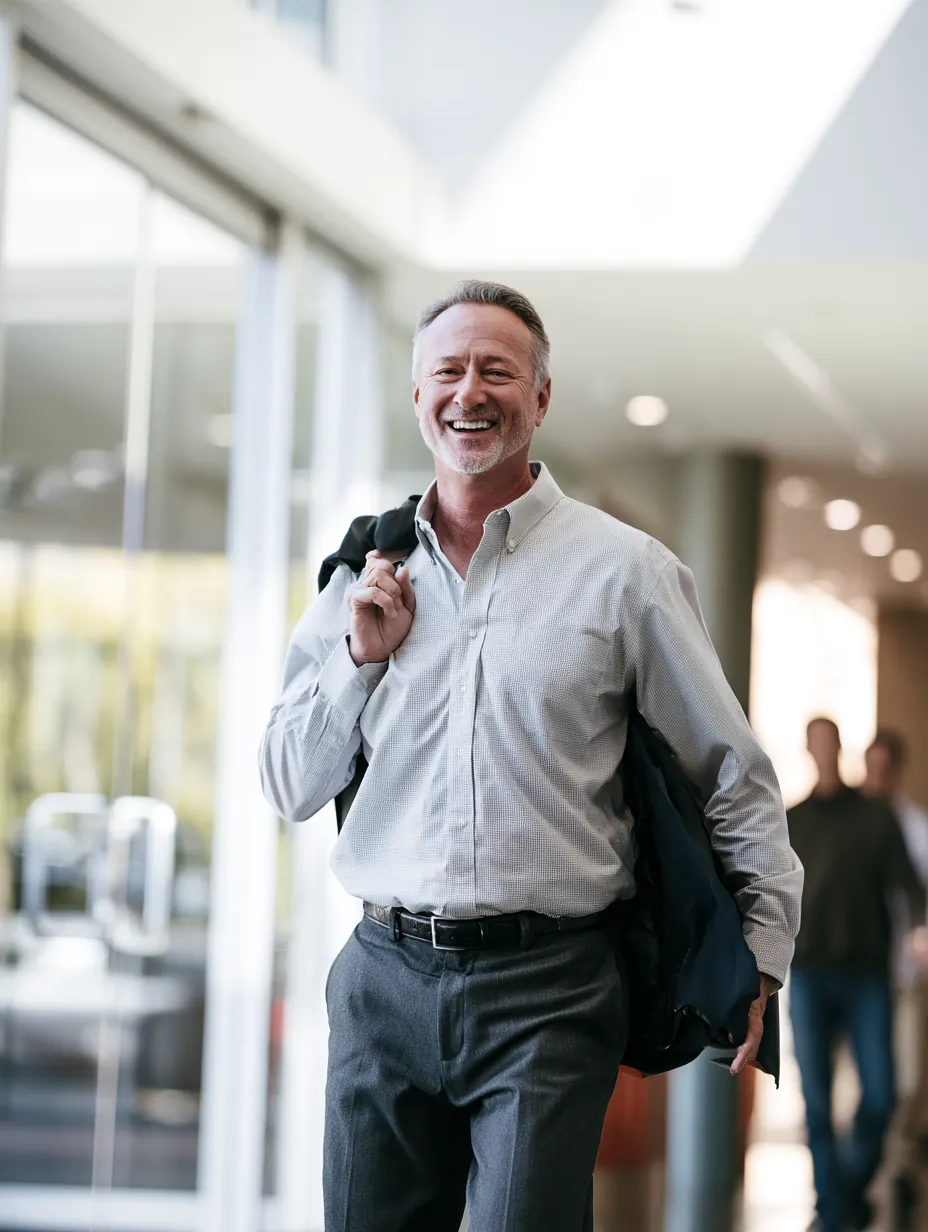 Man stepping out of a modern clinic entrance smiling