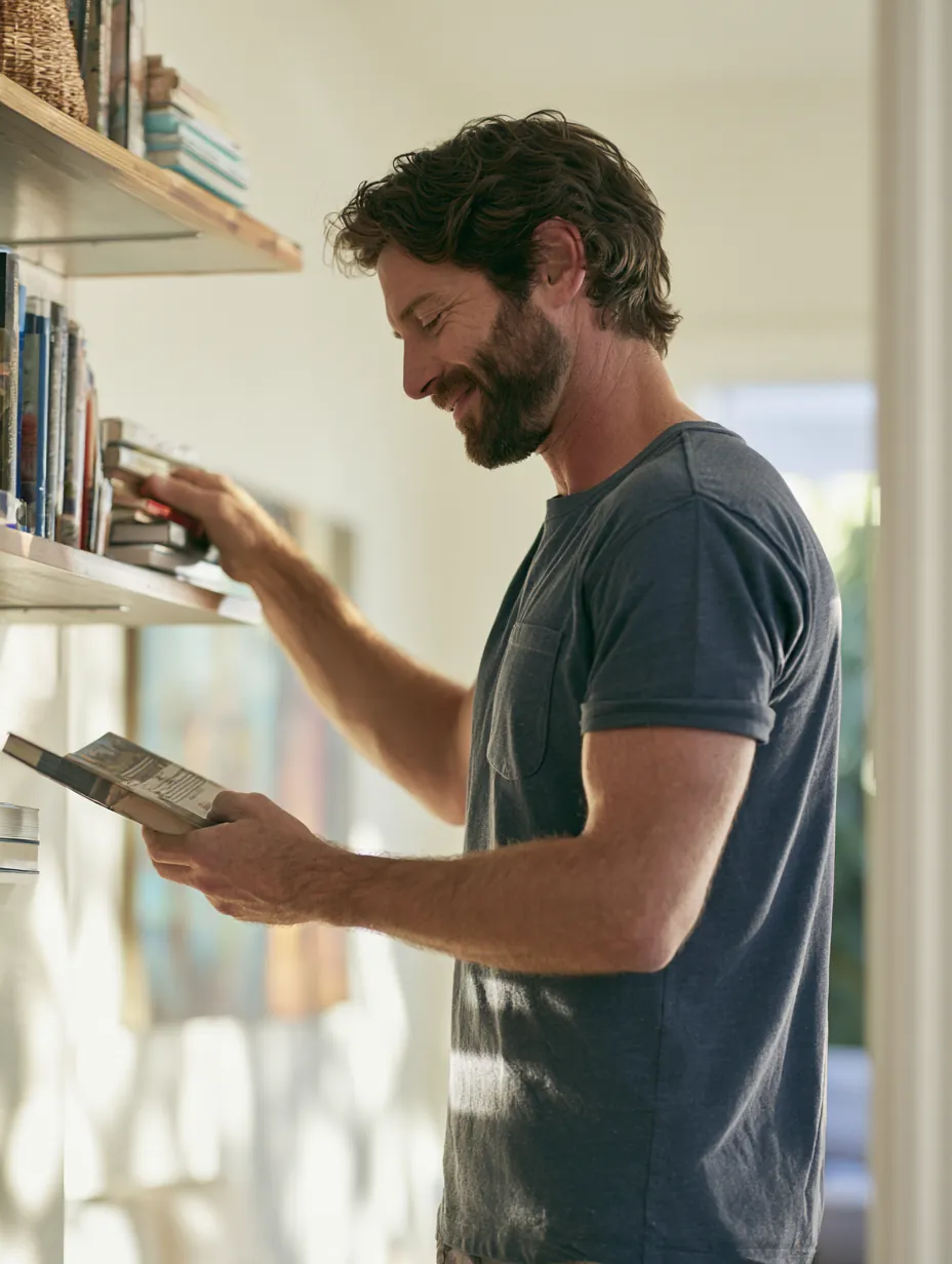 Man arranging books on a new floating shelf in a sunlit living room