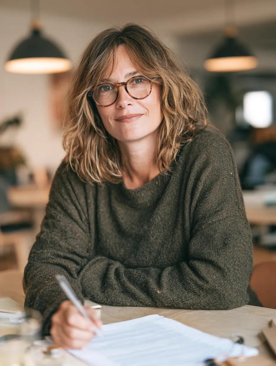 Woman annotating a contract with a pen at a bright coworking table